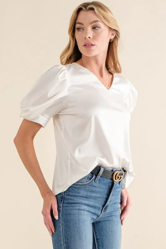And The Why Plain Satin Puff Shirring V Neck Blouse Top - WHITE - View 2