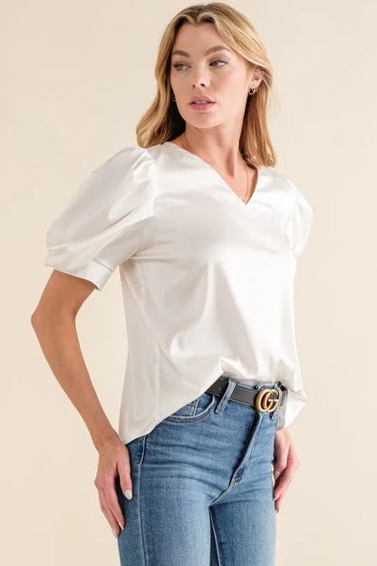 And The Why Plain Satin Puff Shirring V Neck Blouse Top - WHITE - View 2