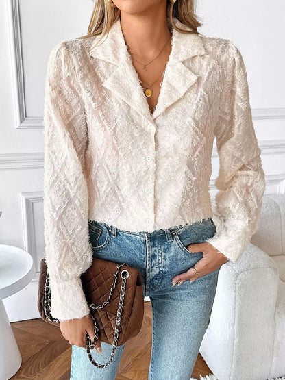 Textured Long Sleeve Button-Up Shirt - Apricot - View 4