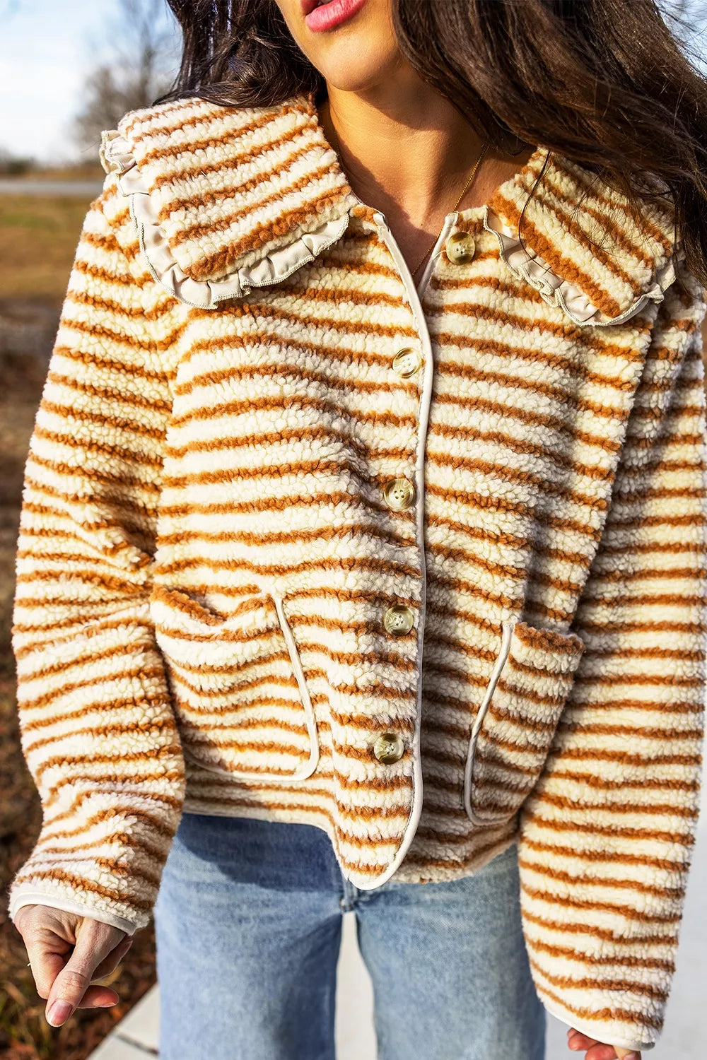 Striped Fleece Button Front Long Sleeve Regular Fit Jacket - Tan - View 4