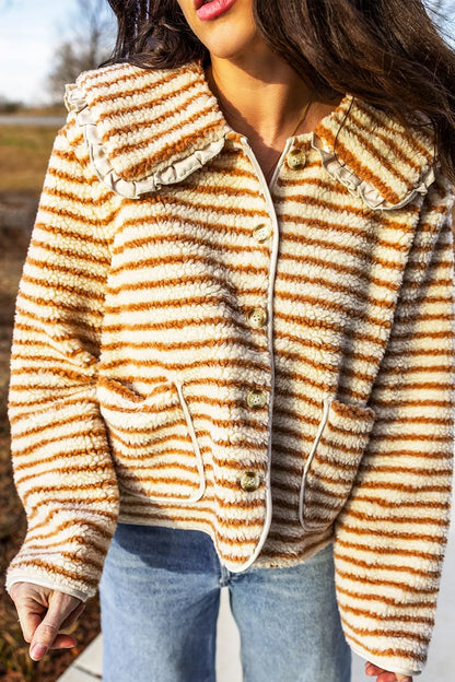 Striped Fleece Button Front Long Sleeve Regular Fit Jacket - Tan - View 4