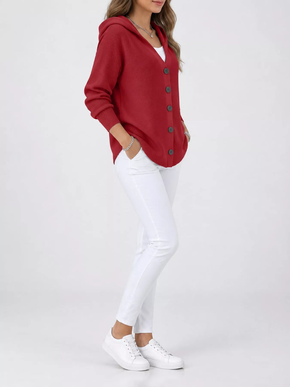 Full Size Hooded Button-Down Knit Cardigan Plus Size - Deep Red - View 13