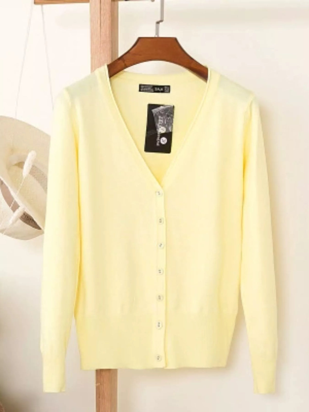 Classic V-Neck Button-Down Knit Cardigan - Light Yellow - View 40