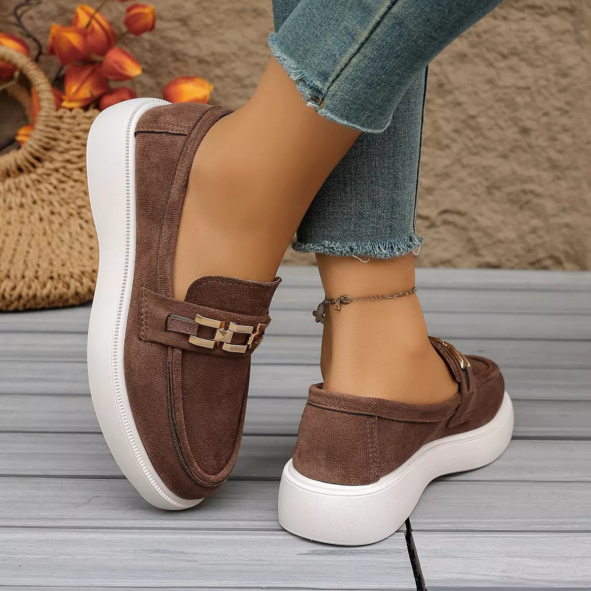 Round Toe Slip-Ons - Brown - View 1