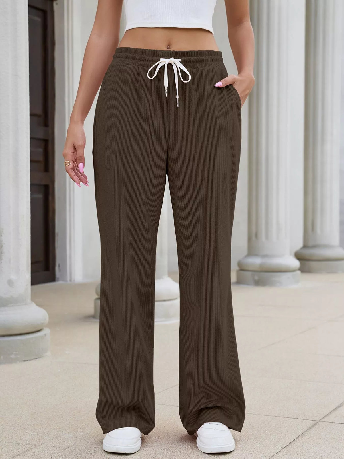 High-Waisted Drawstring Wide-Leg Casual Pants - Brown - View 4