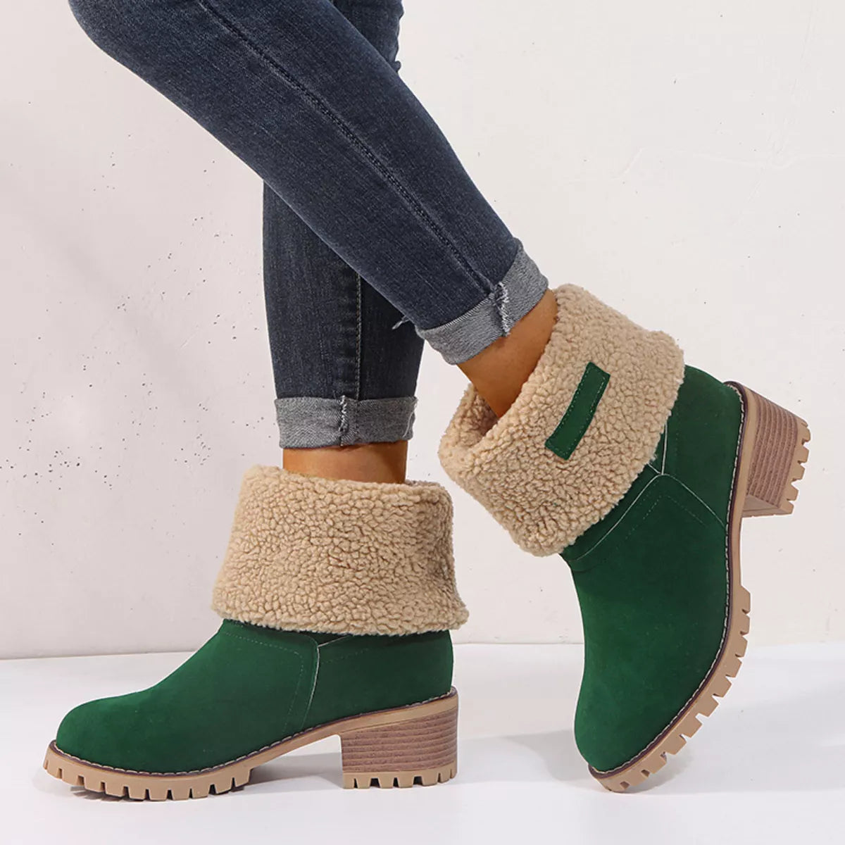 Round Toe Block Heels Boots - Dark Green - View 1
