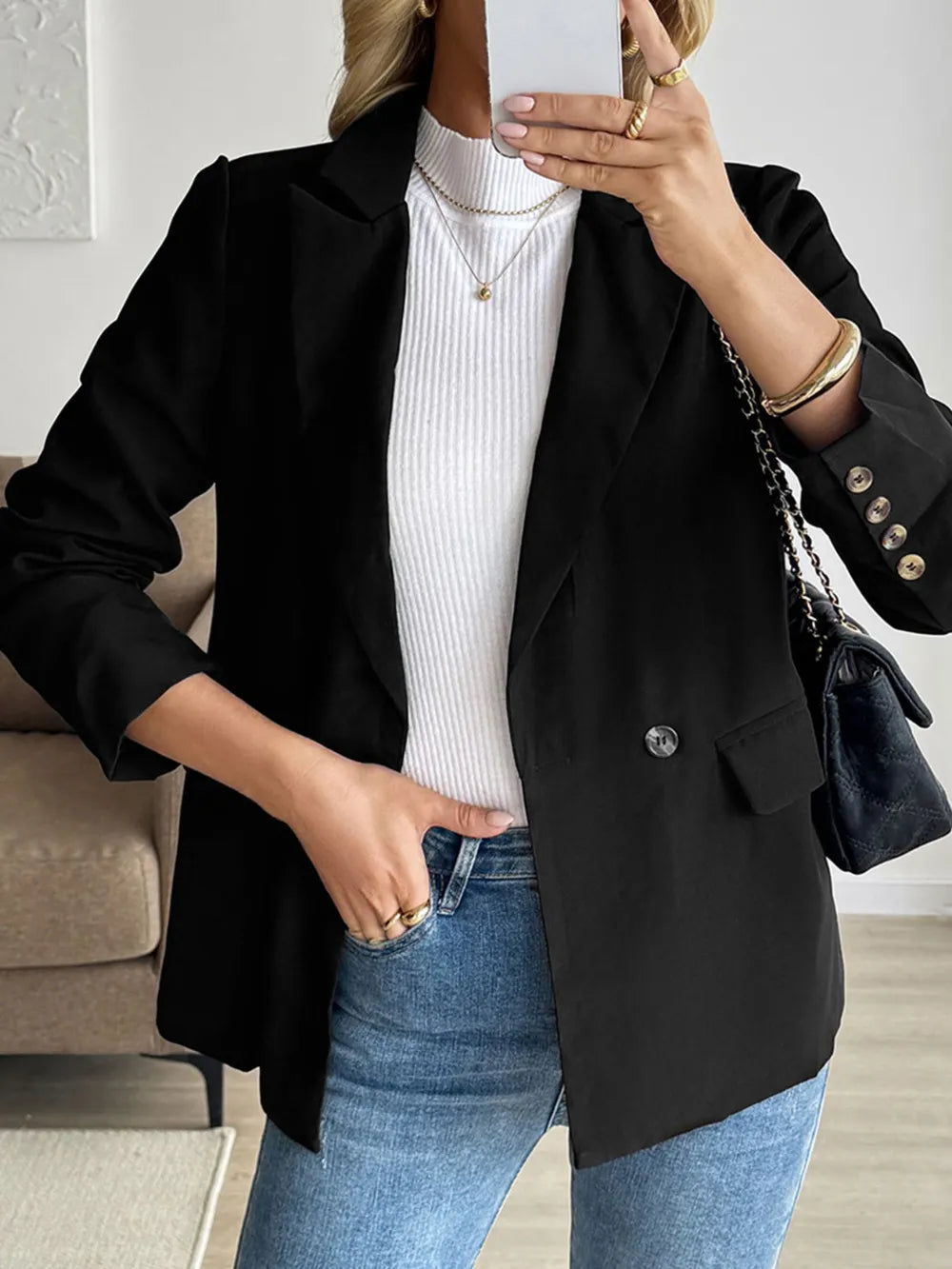 Perfee Lapel Collar Long Sleeve Blazer - Black - View 4