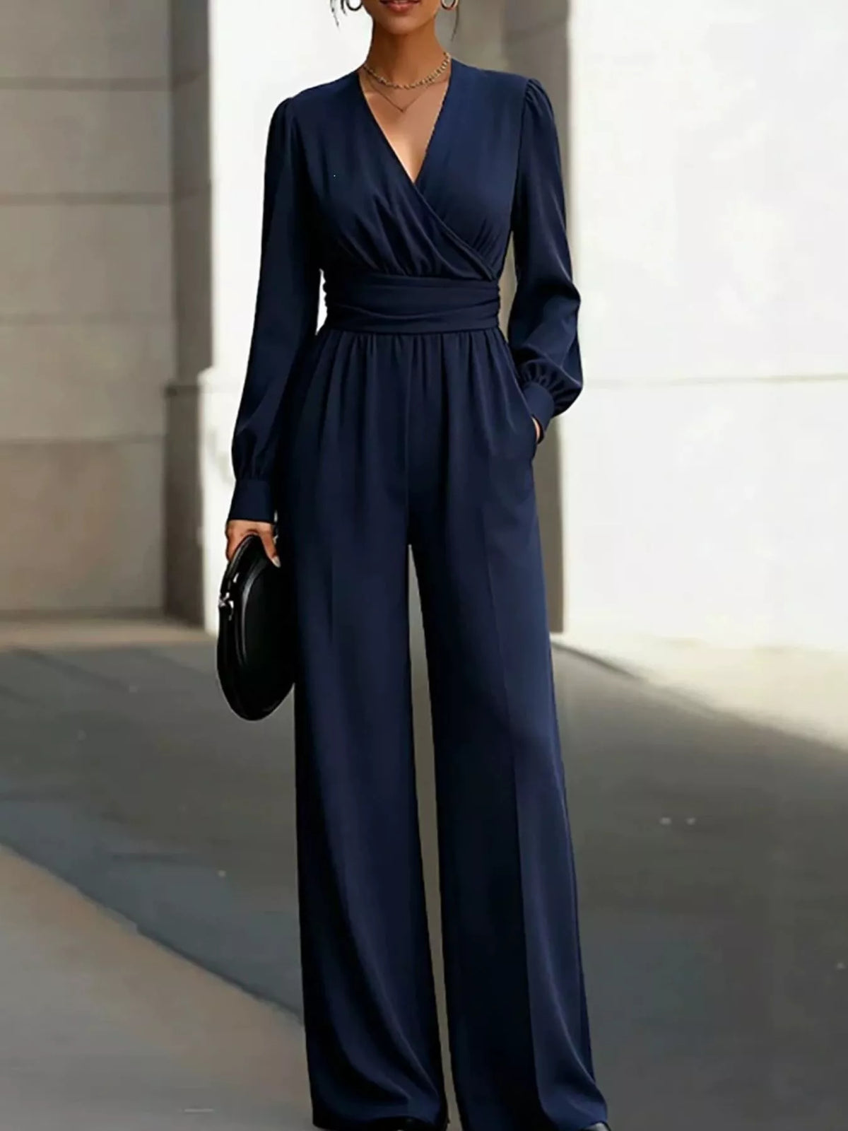 Surplice Long Sleeve Wide-Leg Jumpsuit - Dark Blue - View 1