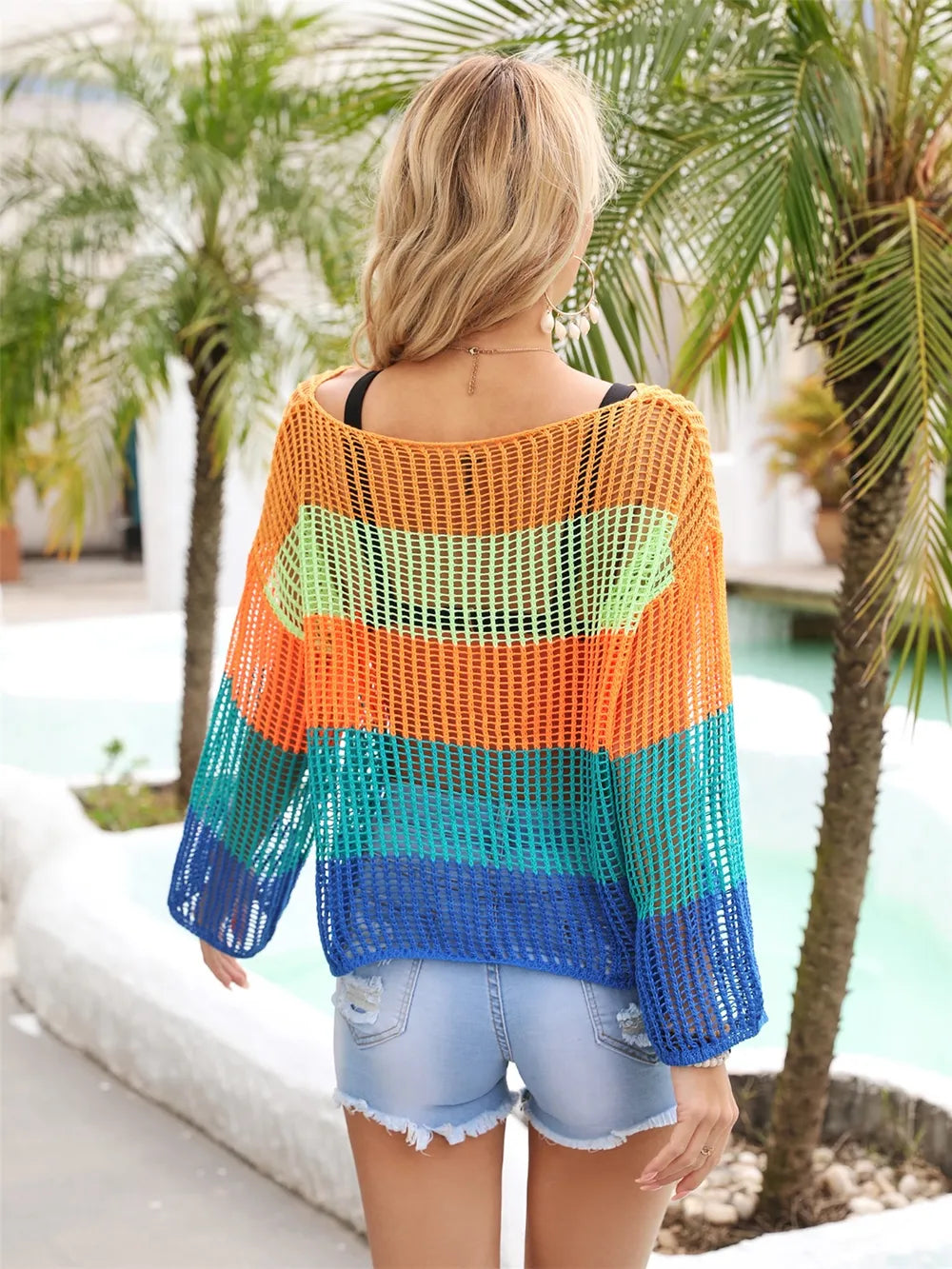 Angel Wings Color Block Openwork Boat Neck Cover Up - Turquoise - View 14