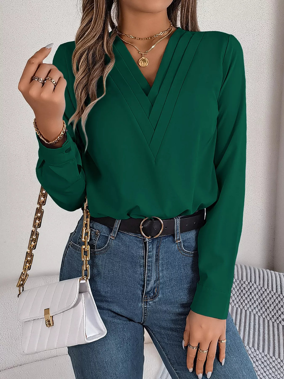 Layered V-Neck Long Sleeve Blouse - Dark Green - View 21