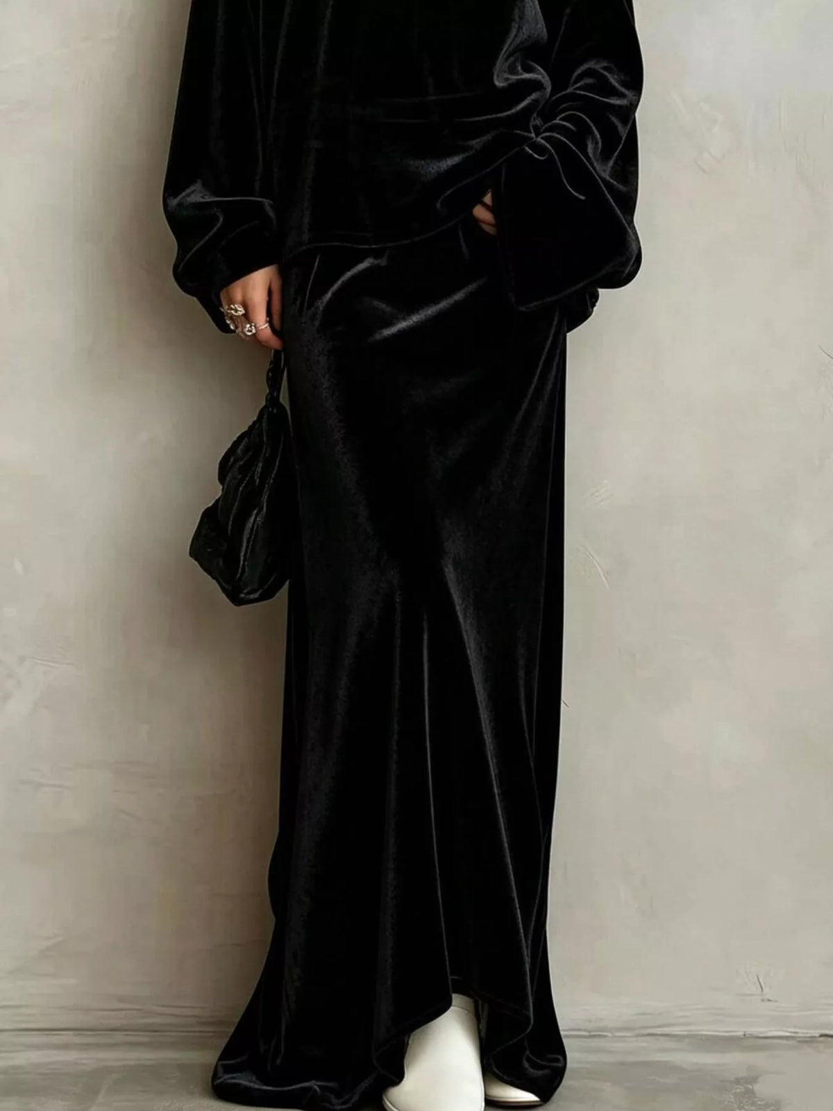 V-Neck Velvet Long Sleeve Top and Maxi Skirt Two-Piece Set - Black - View 3