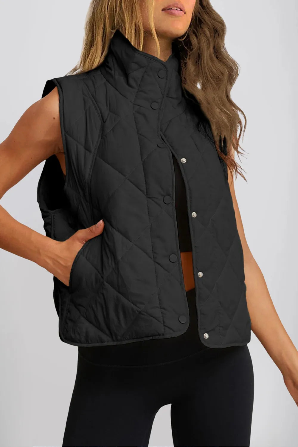 Snap Down Texture Vest Coat with Pockets - Black - View 12