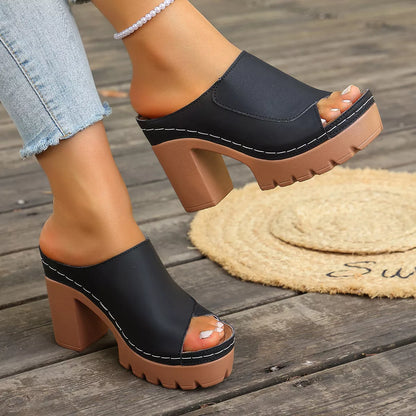 Peep Toe Block Heels Sandals - Black - View 4