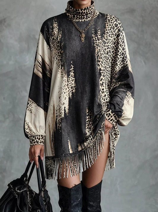 Leopard Print Mock Neck Fringe Hem Mini Dress - Black - View 1