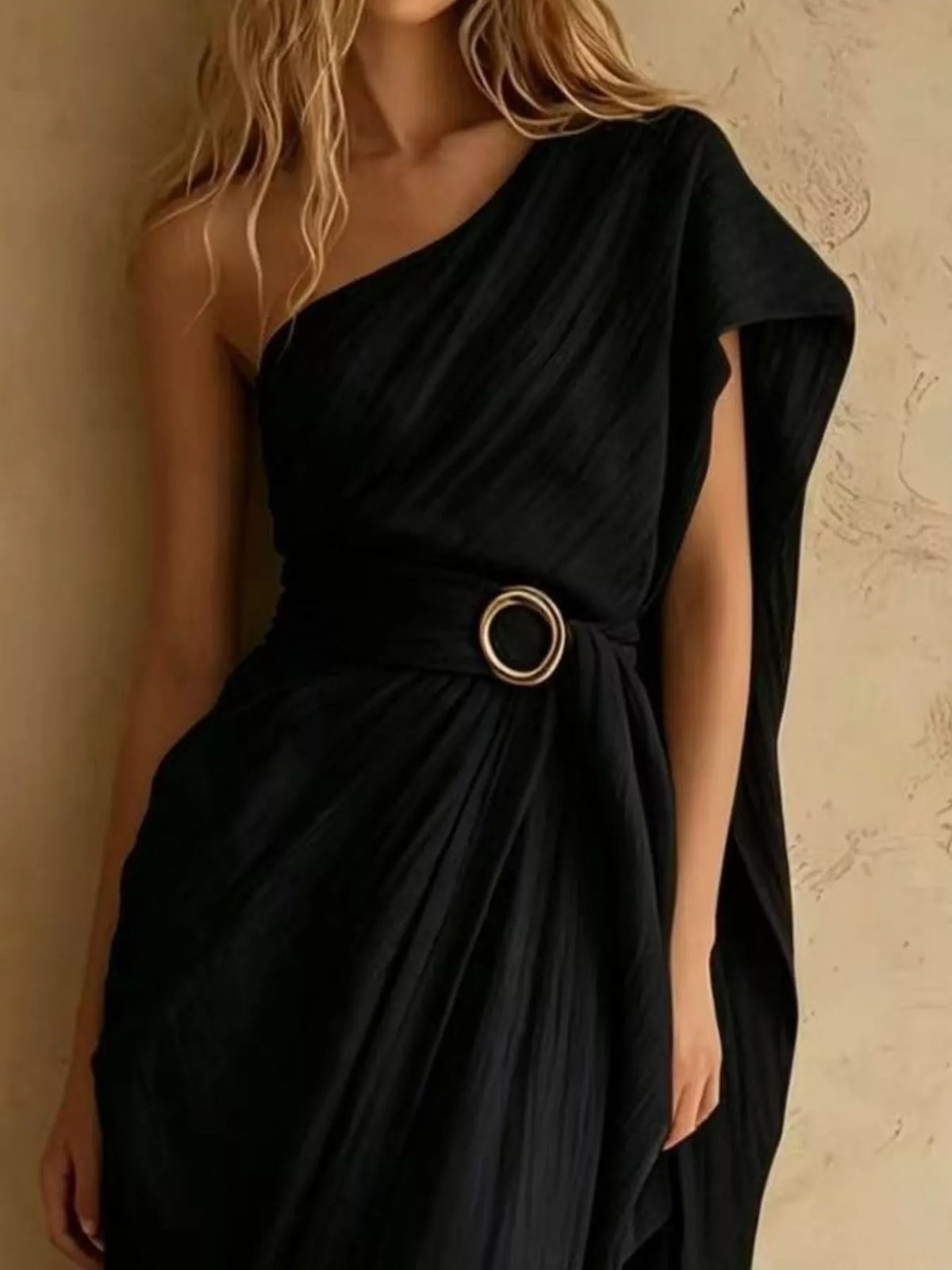 One-Shoulder Draped Maxi Dress with Waist Buckle - Black - View 2