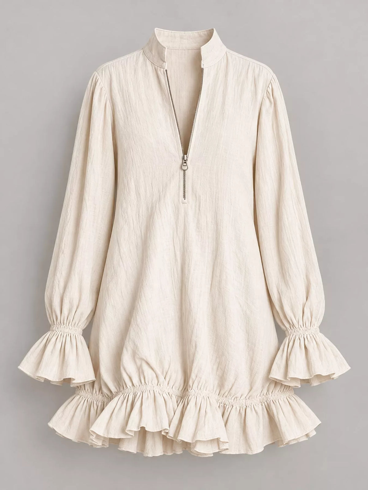 Zipper-Front Ruffle Hem Mini Dress - Off-White - View 24