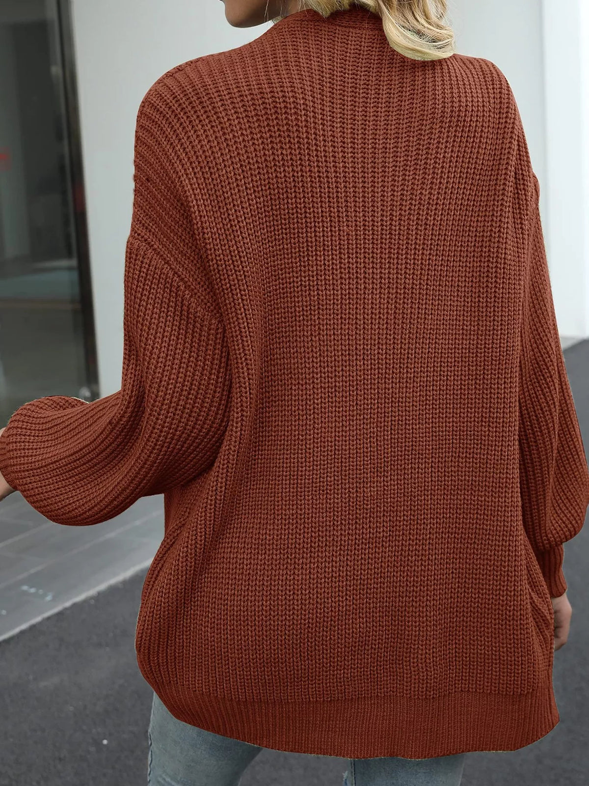 Chunky Knit Open Front Cardigan with Lantern Sleeves - Brown - View 11