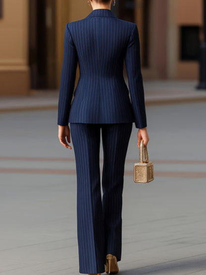 Striped Double-Breasted Blazer & Wide Leg Pants Set - Blue - View 4