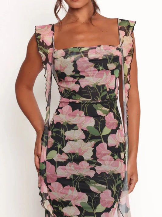 Floral Print Ruffle Trim Bodycon Maxi Dress - Green - View 1