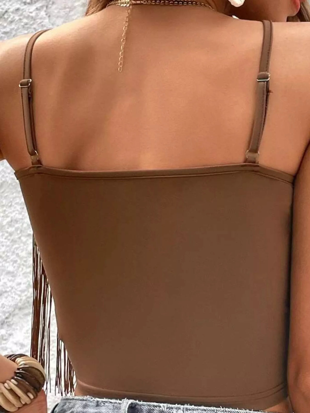 Fringe Trim V-Neck Cami - Coffee - View 3