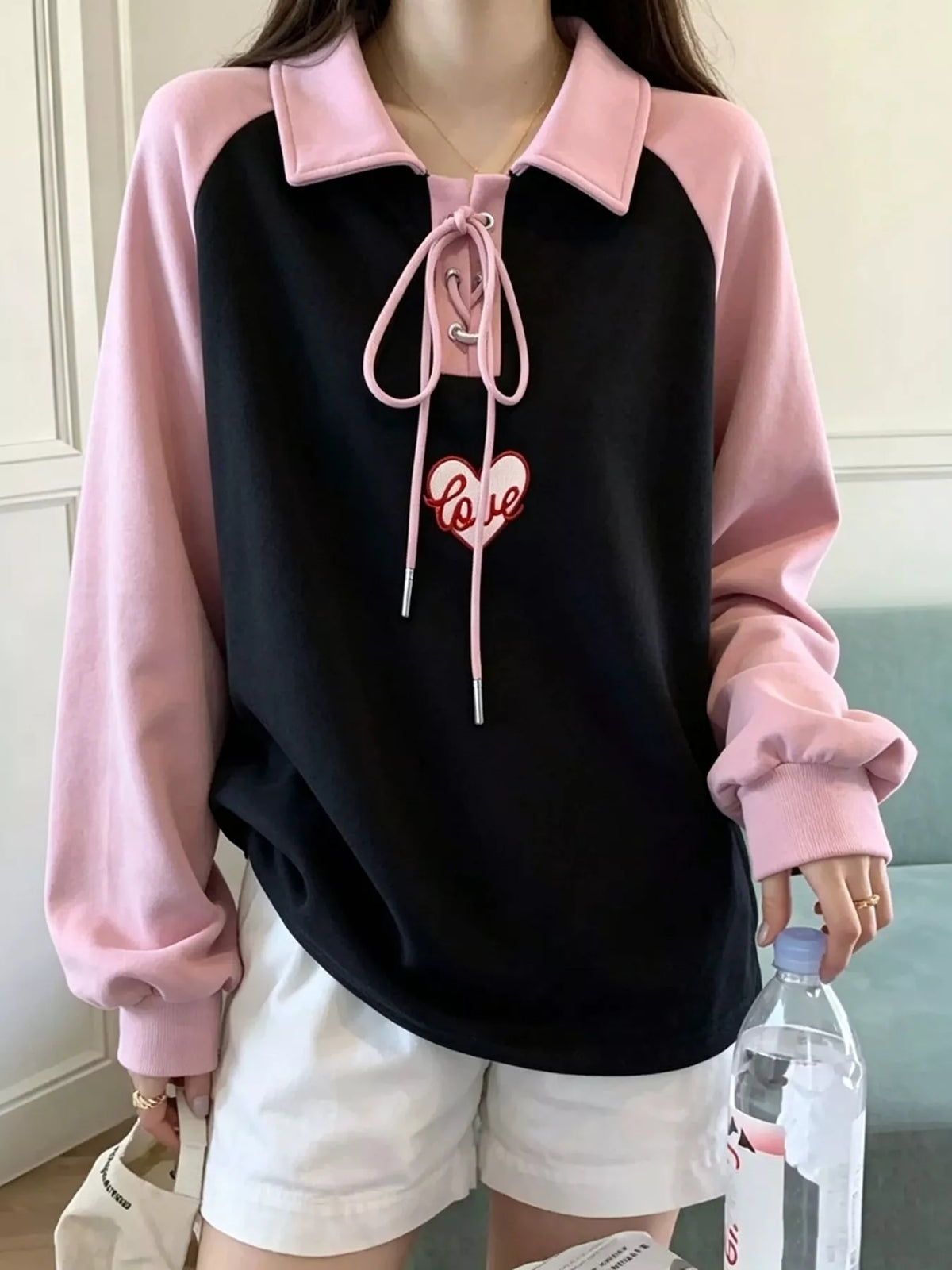 Heart Embroidery Lace-Up Detail Polo Collar Sweatshirt - Black - View 2