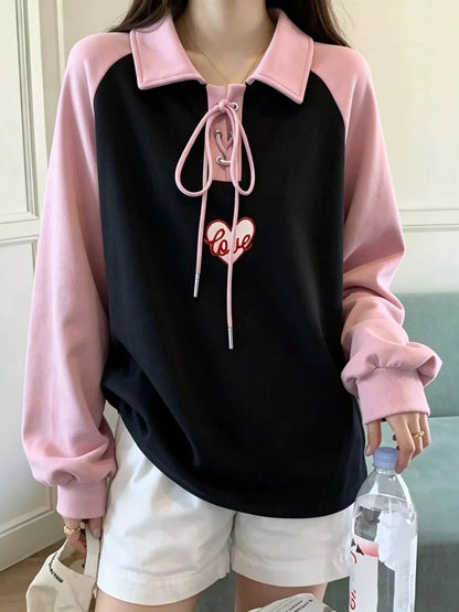 Heart Embroidery Lace-Up Detail Polo Collar Sweatshirt - Black - View 2