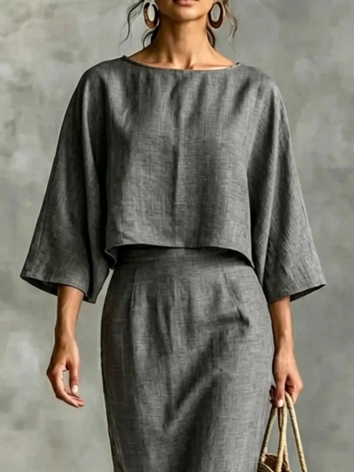 Full Size Solid Color Cropped Top and Midi Skirt Set Plus Size - Gray - View 2