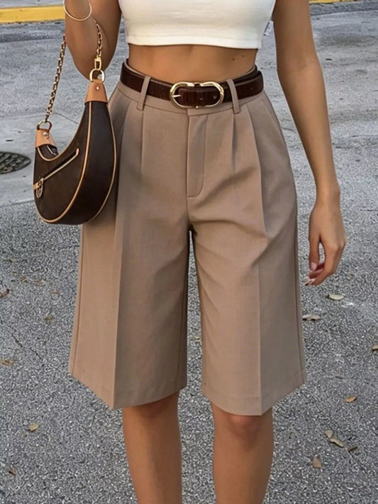 High-Waisted Pleated Detail Shorts - Khaki - View 1