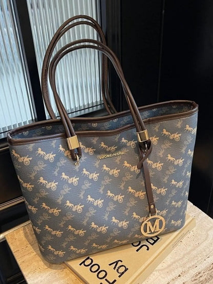 Printed Tote Shoulder Bag - Dark Blue - View 3