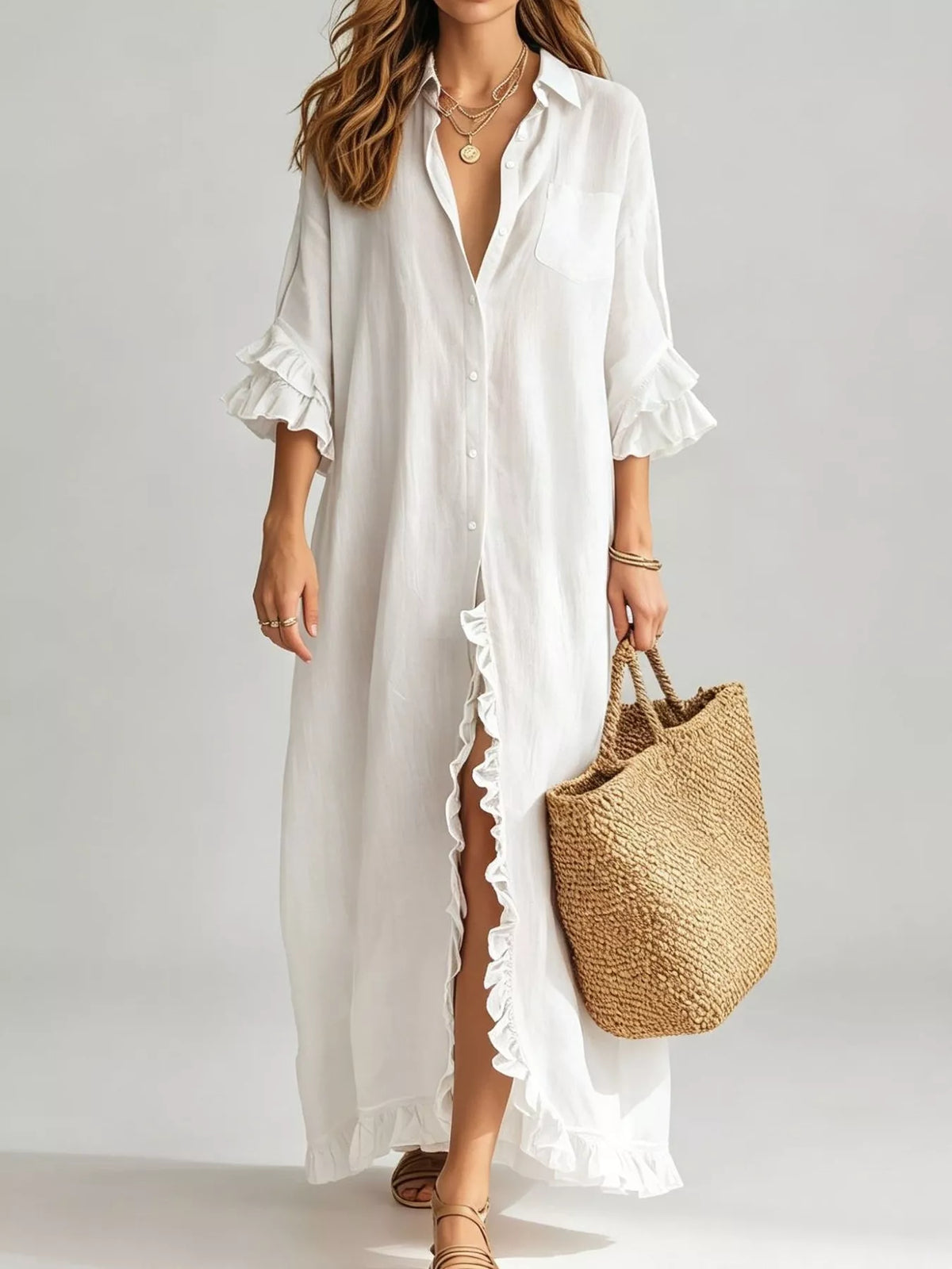 Full Size Ruffled Trim Button-Down Maxi Shirt Dress Plus Size - White - View 1