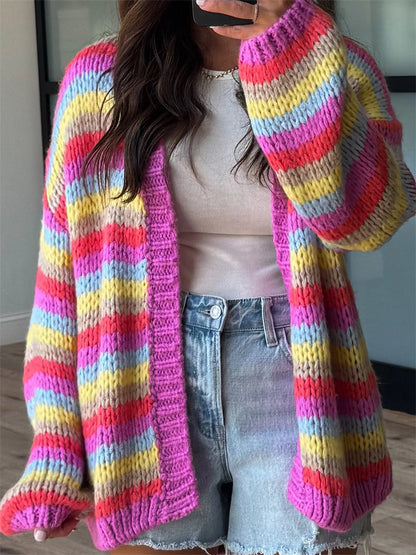Multi-Color Striped Chunky Knit Open-Front Cardigan - Fuchsia Pink - View 3
