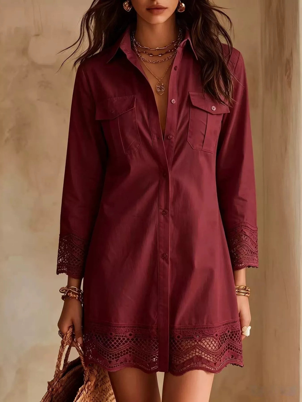 Button-Down Shirt Dress with Lace Trim - Burgundy - View 1