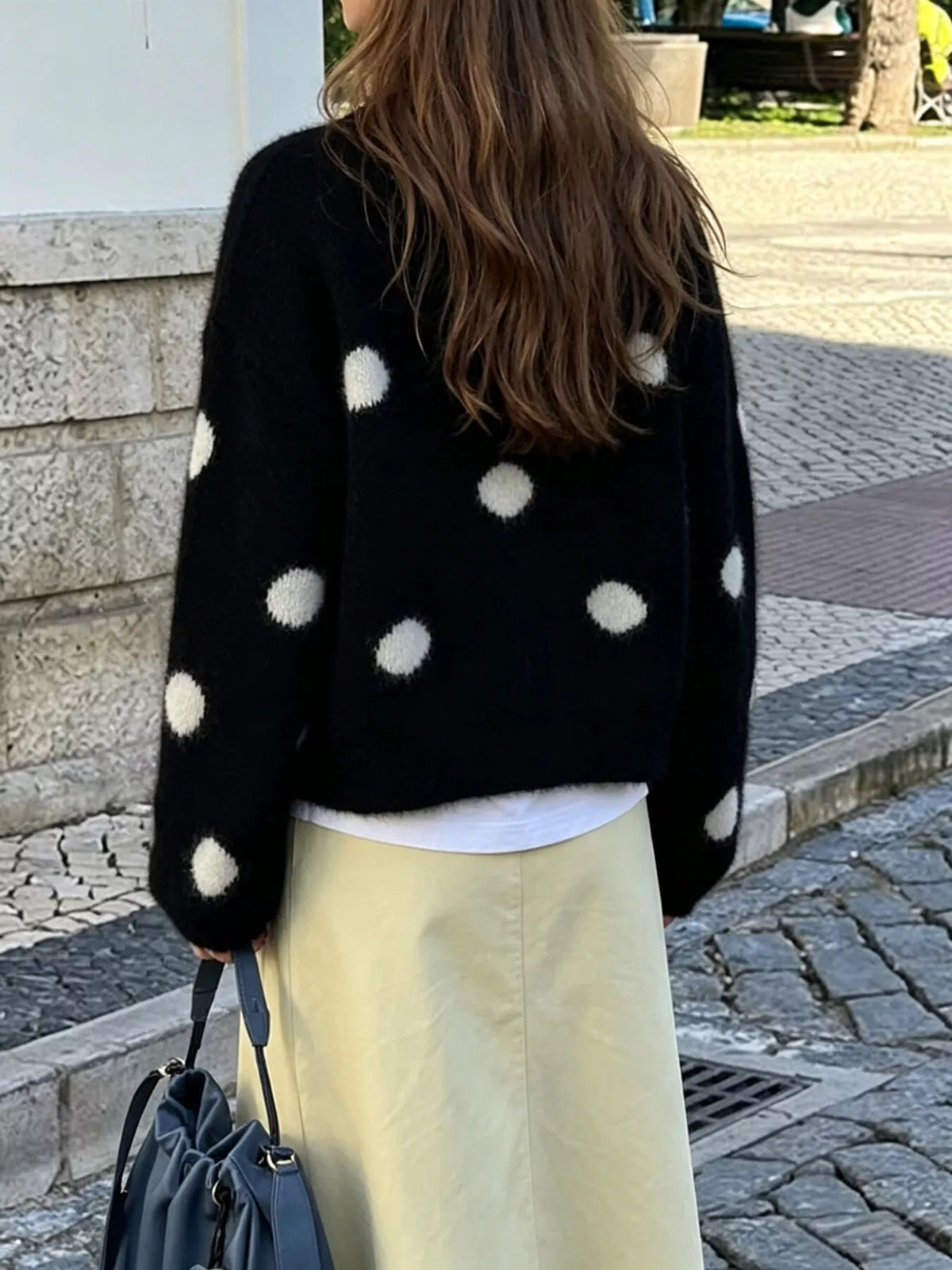 Polka Dot Fuzzy Knit Button-Up Cardigan - Black - View 5