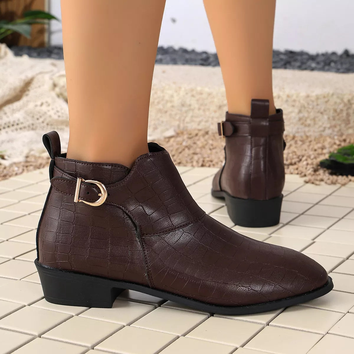 Point Toe Block Heels Boots - Dark Brown - View 5