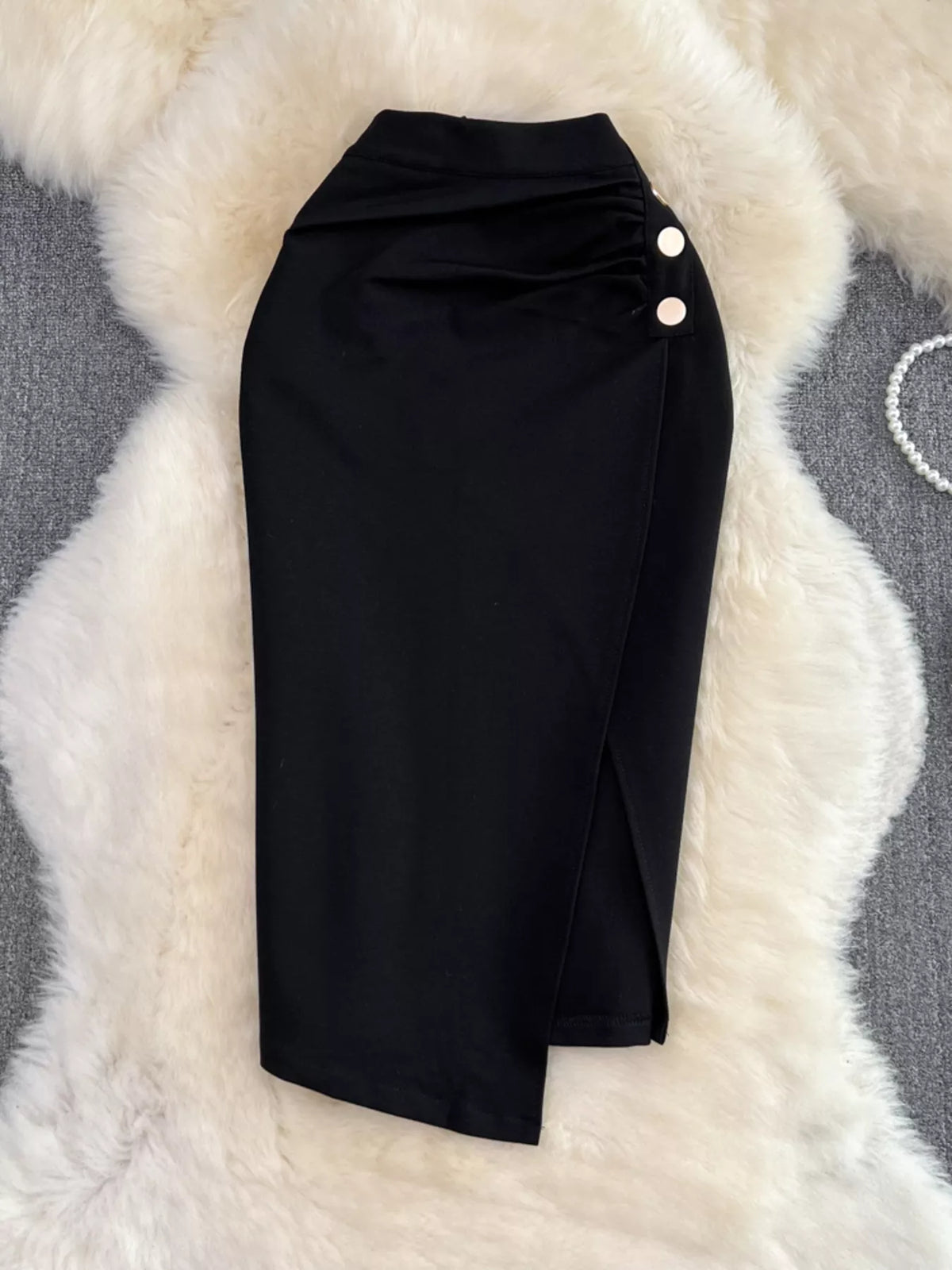 Ruched Slit Skirt - Black - View 4