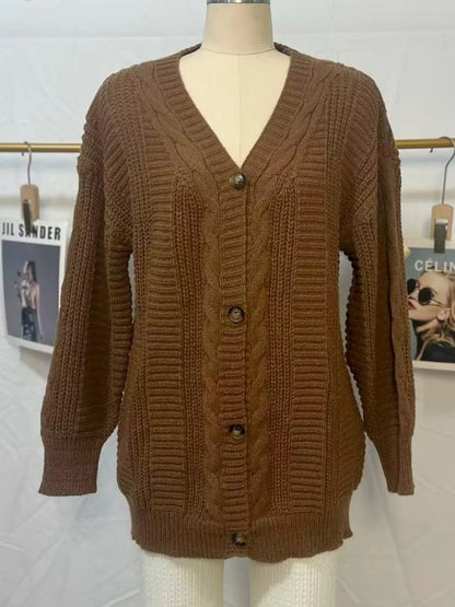 Cable Knit Button-Down Cardigan - Dark Brown - View 4