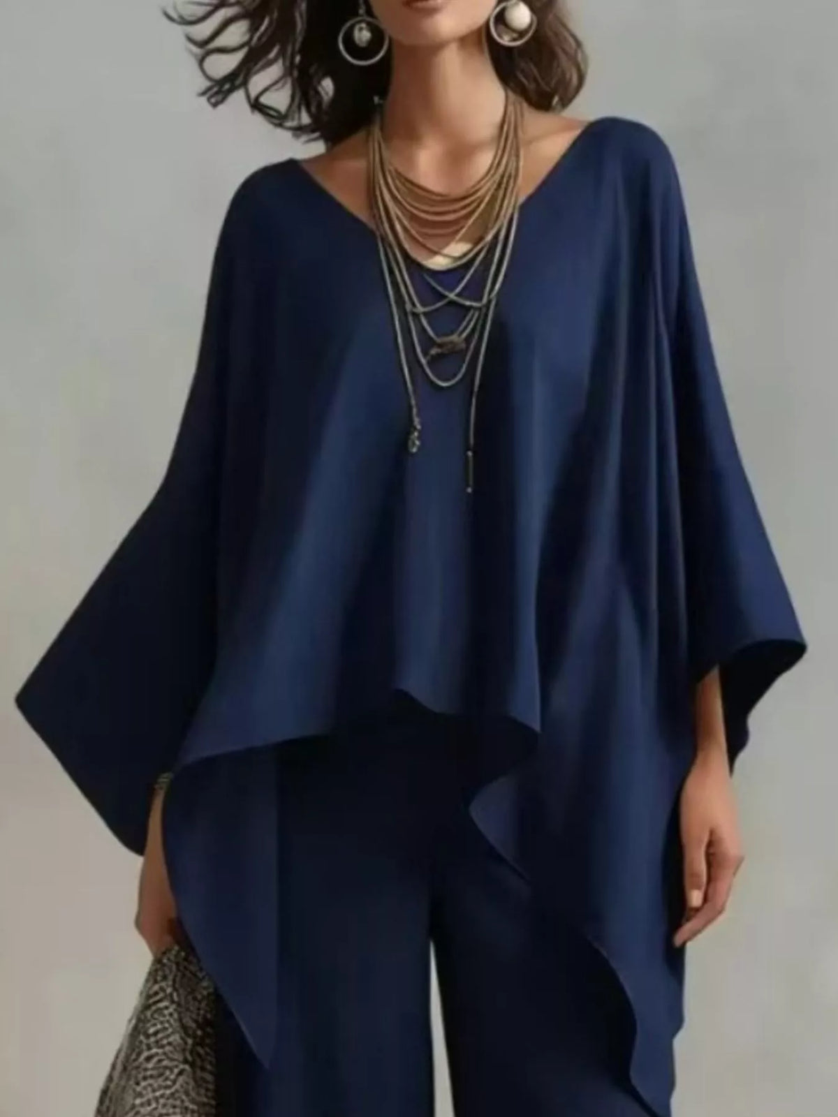 Loose Fit V-Neck Top and Pants Two-Piece Set - Navy - View 2