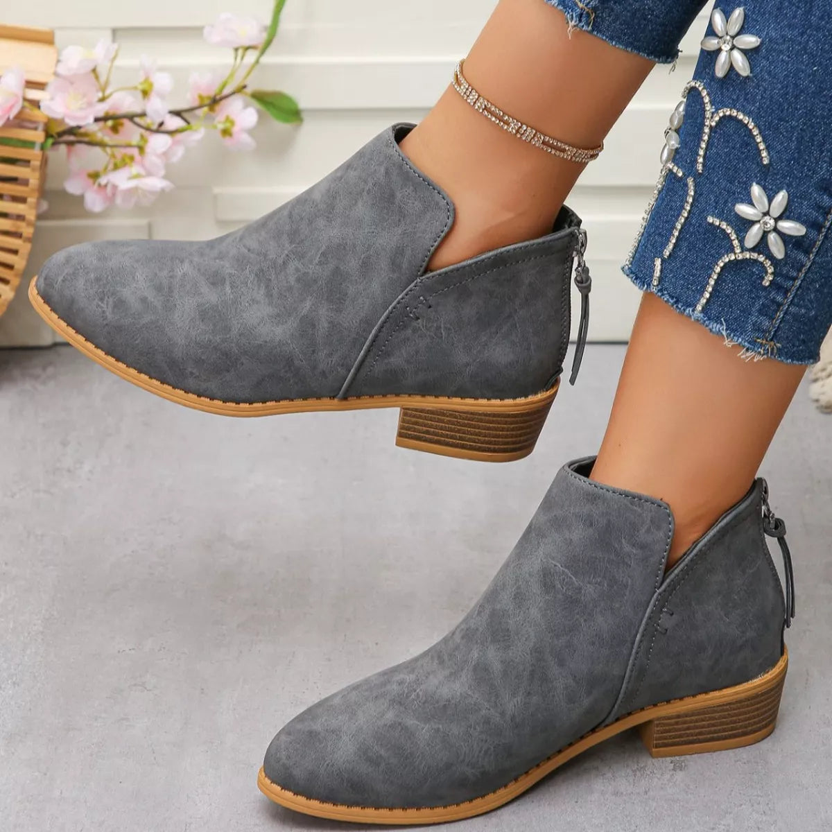 Point Toe Block Heels Boots - Grey - View 11