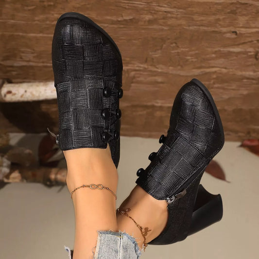 Woven Texture Button Decor Pumps - Black - View 1