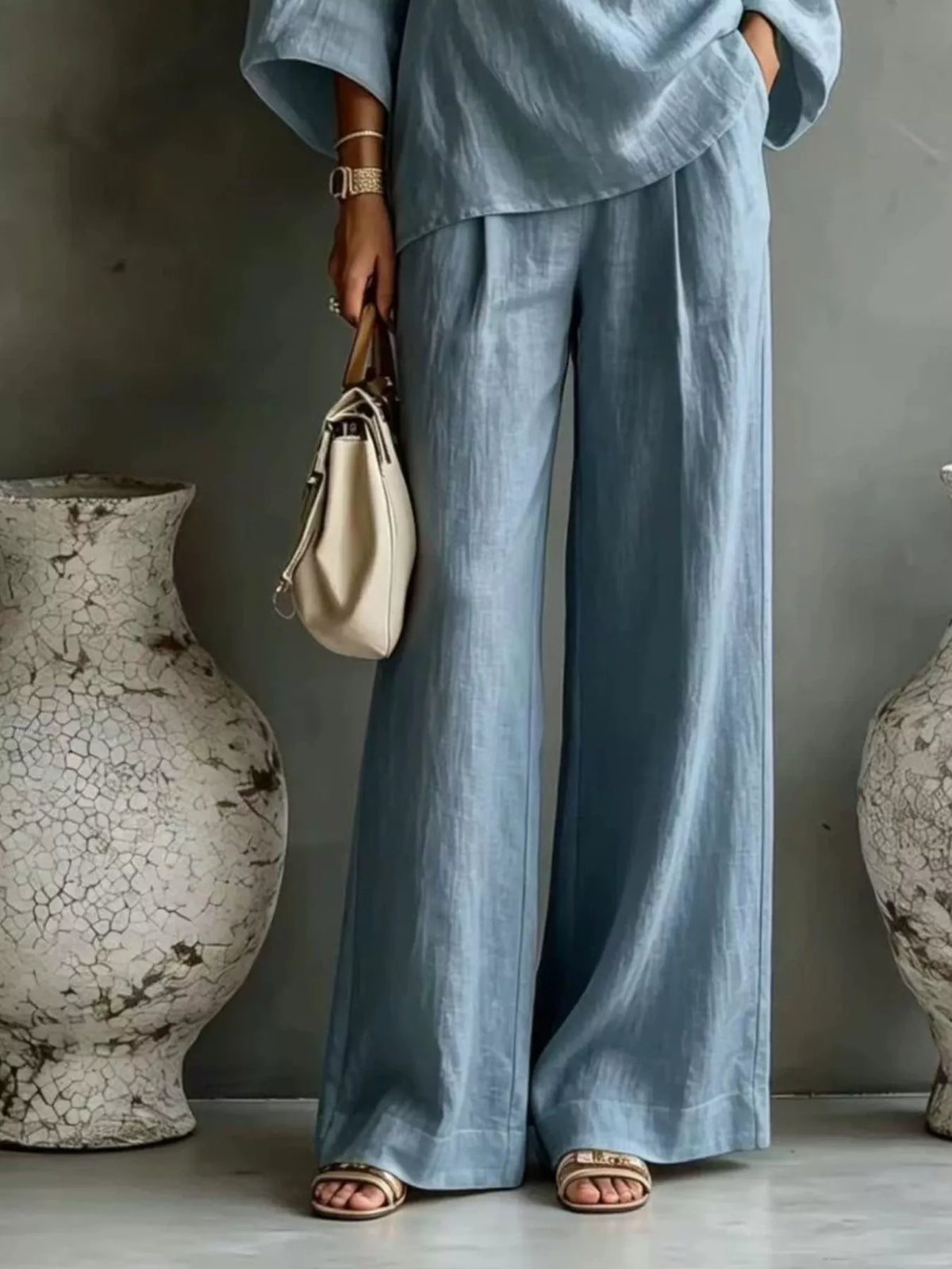 One Shoulder Top and Wide Leg Pants Set - Light Blue - View 3