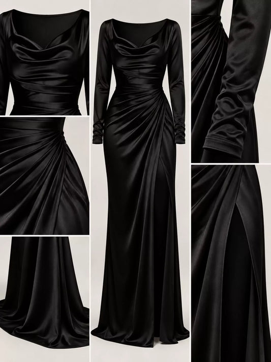 Full Size Satin Cowl Neck High Slit Evening Maxi Dress Plus Size - Black - View 2