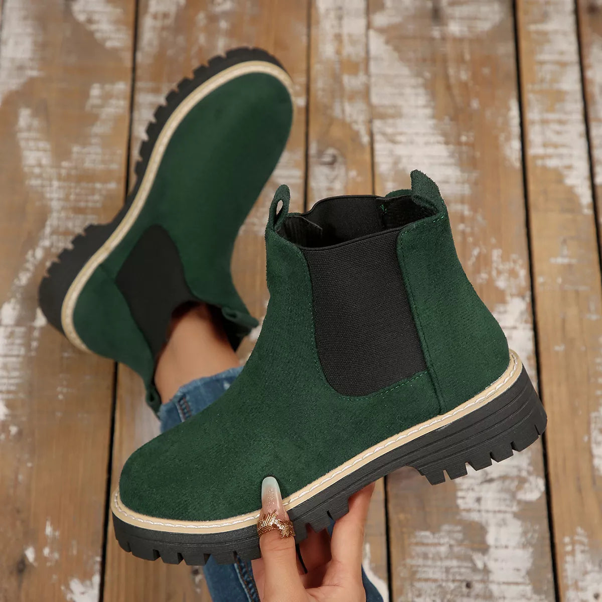 Round Toe Block Heels Boots - Green - View 10