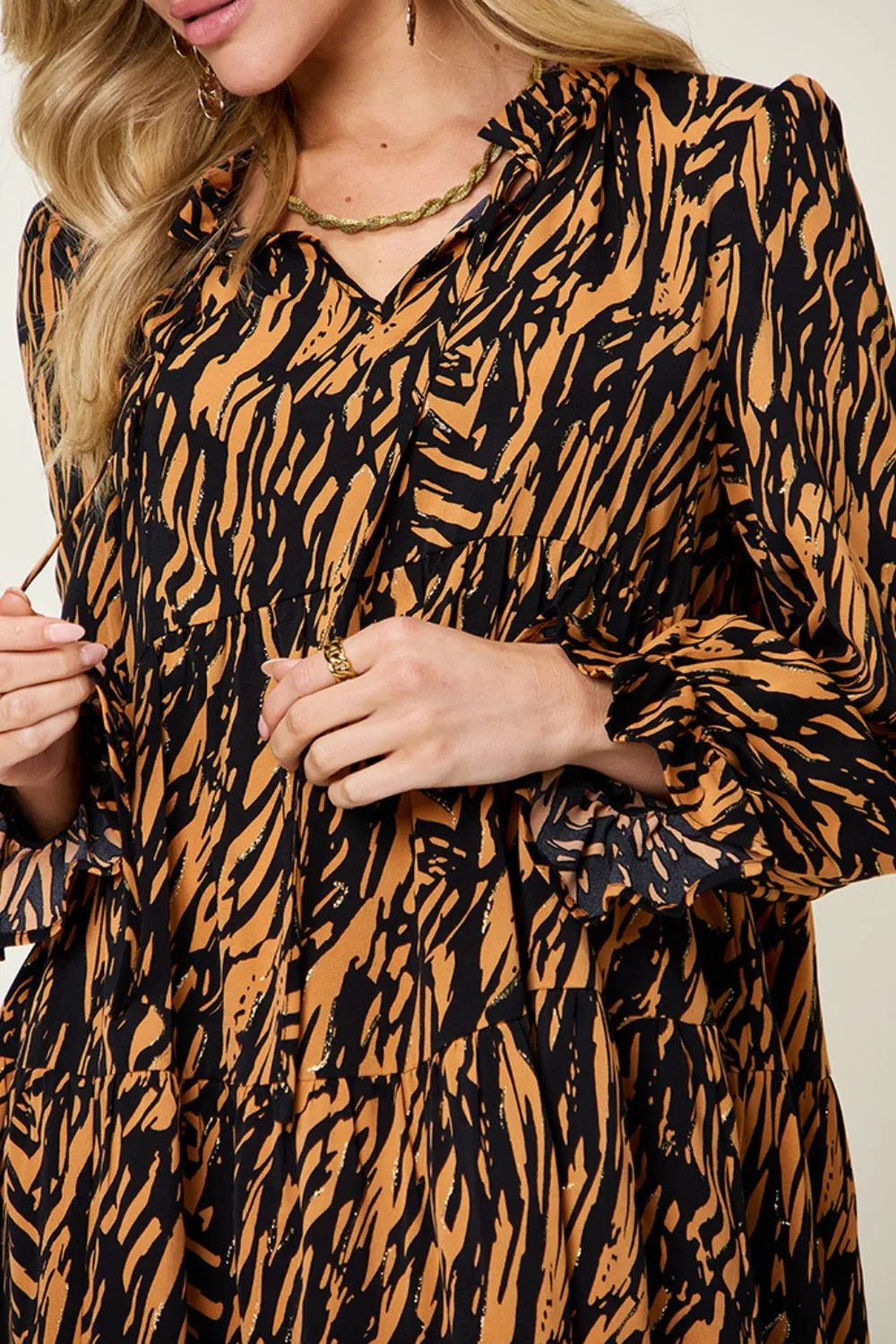 Double Take Full Size Printed Ruffle Hem Long Sleeve Dress Plus Size - Caramel - View 7