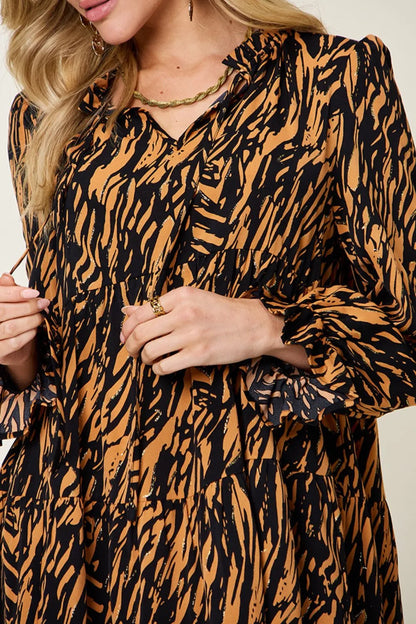 Double Take Full Size Printed Ruffle Hem Long Sleeve Dress Plus Size - Caramel - View 7