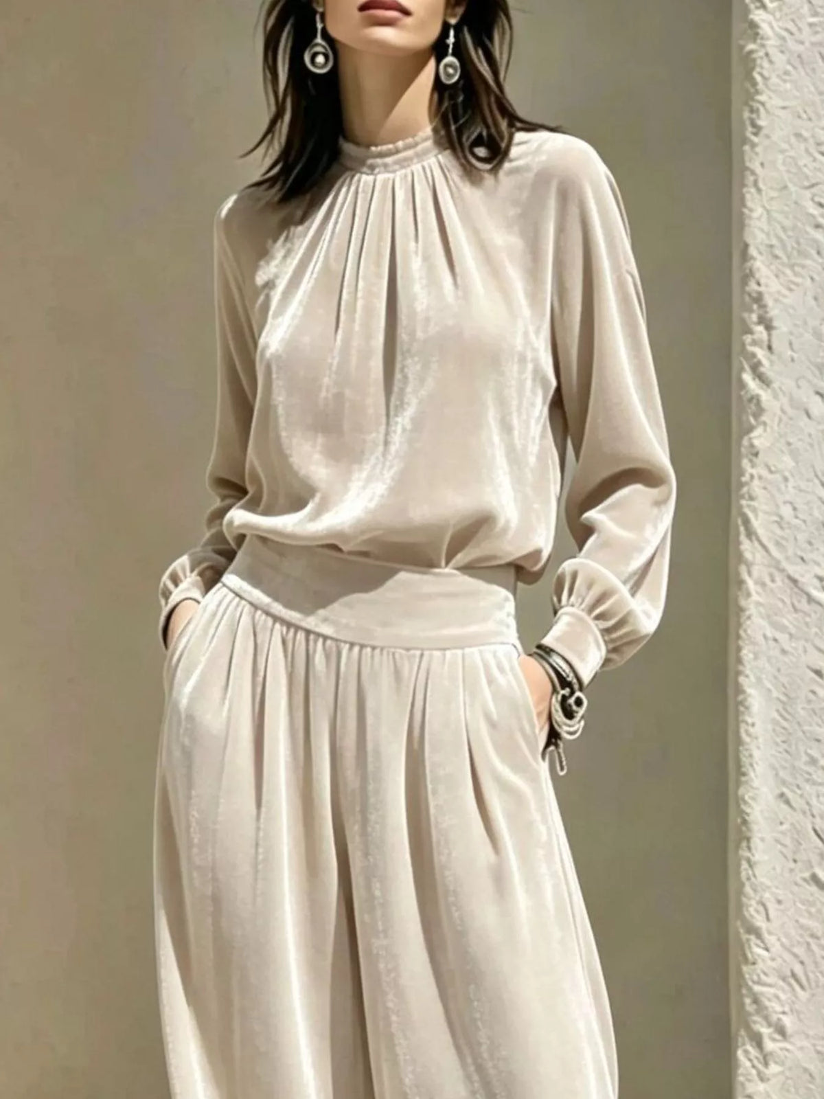Velvet Mock Neck Long Sleeve Top and Wide-Leg Pants Set - Beige - View 2