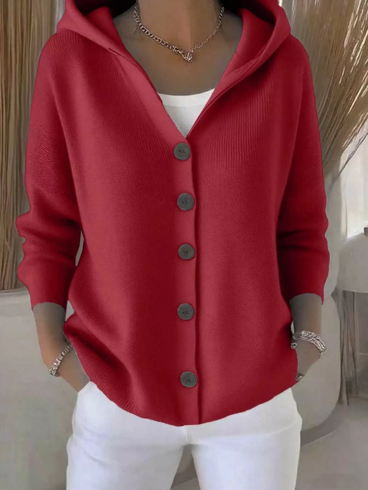 Full Size Hooded Button-Down Knit Cardigan Plus Size - Deep Red - View 12