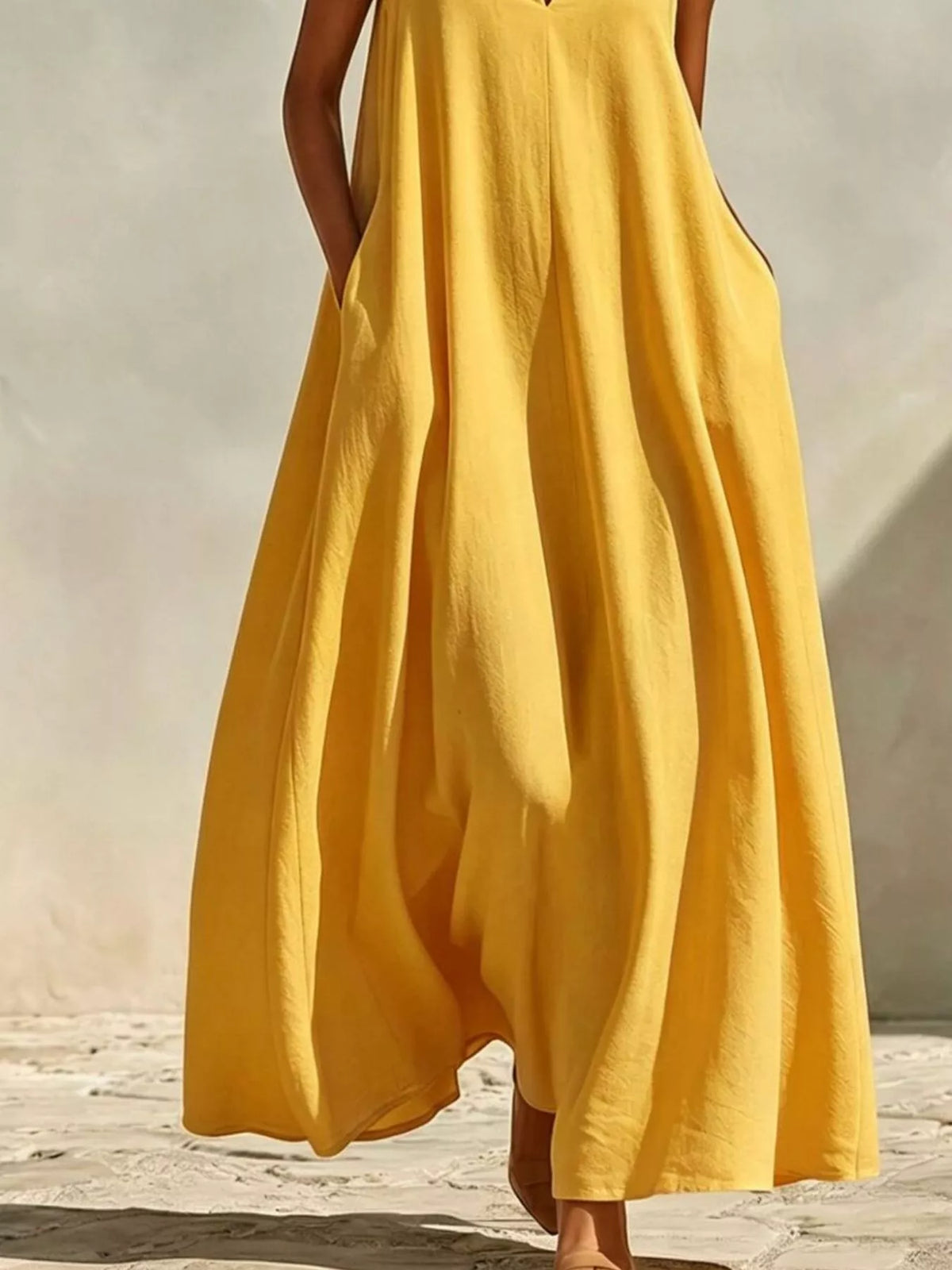 Sleeveless Maxi Dress with Side Pockets - Gold - View 3