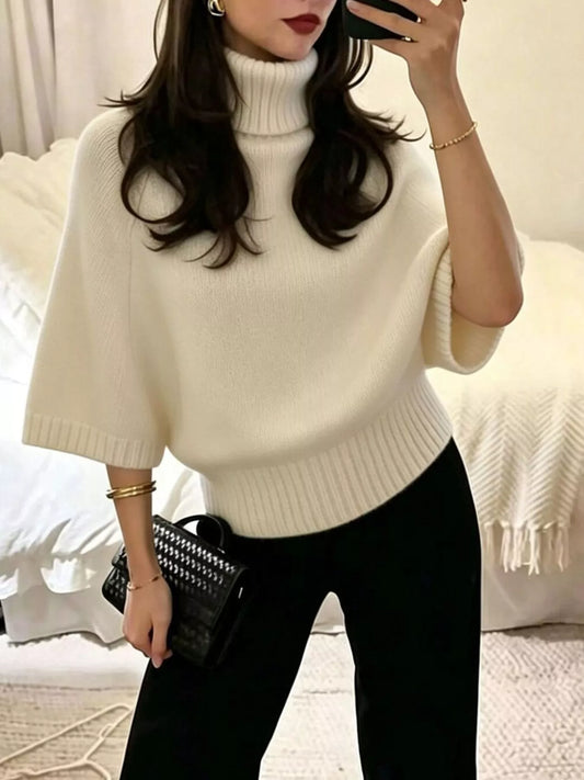 Turtleneck Batwing Sleeve Sweater - Beige - View 1