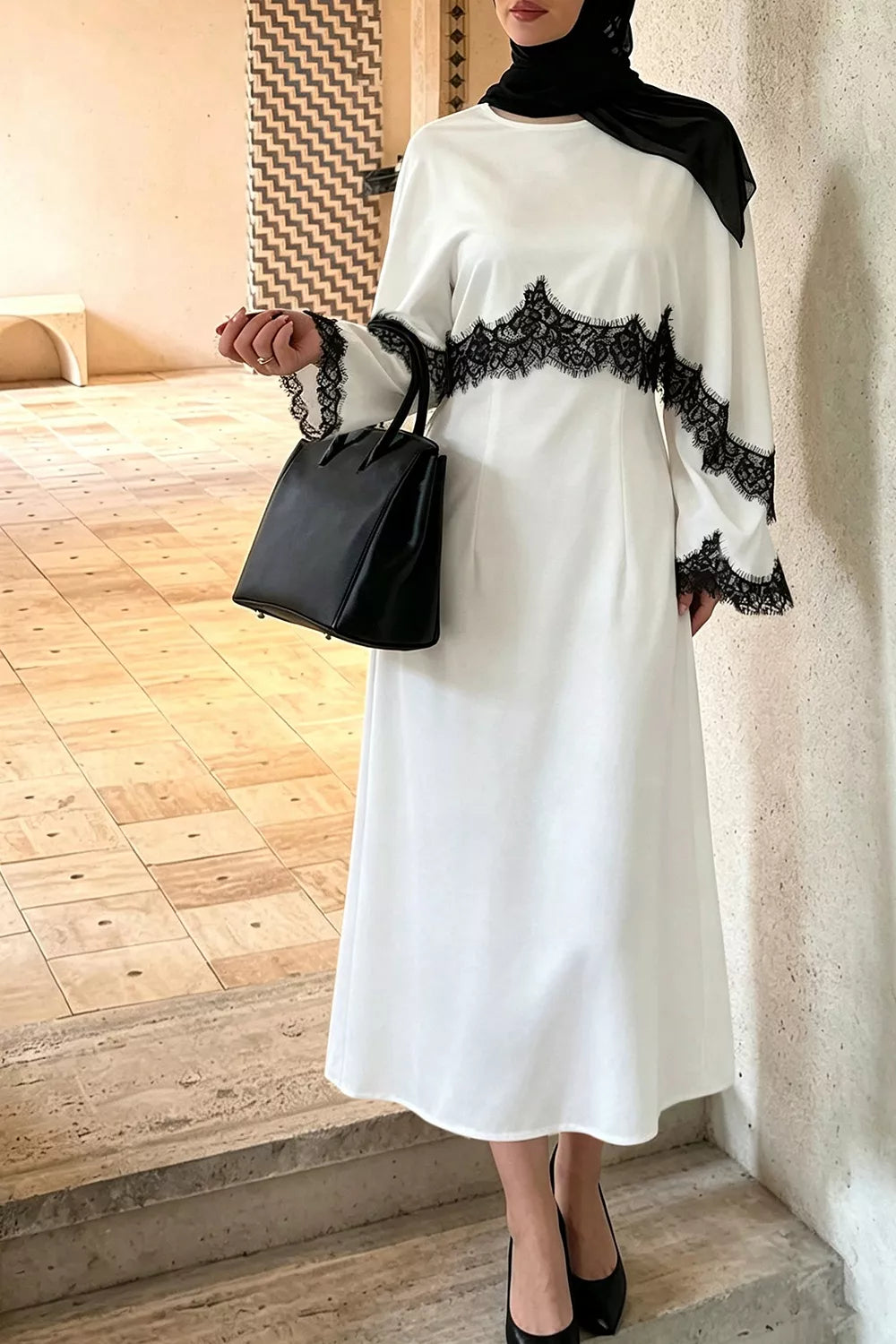Lace Trim Round Neck Midi Dress - White - View 6