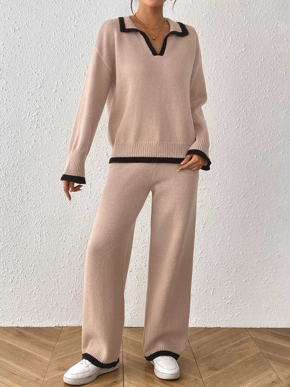 Contrast Trim Polo Collar Top and Pants Sweater Set - Dust Storm - View 2